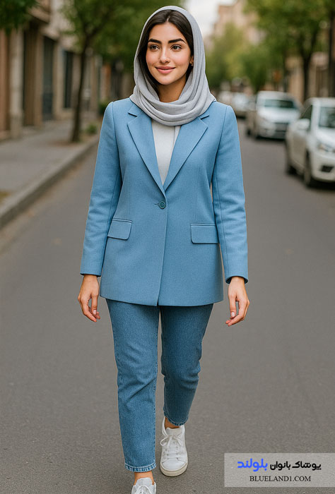 ست آسمانی مانتو آبی + شلوار جین + کتانی سفید + شال طوسی یا سفید ساده