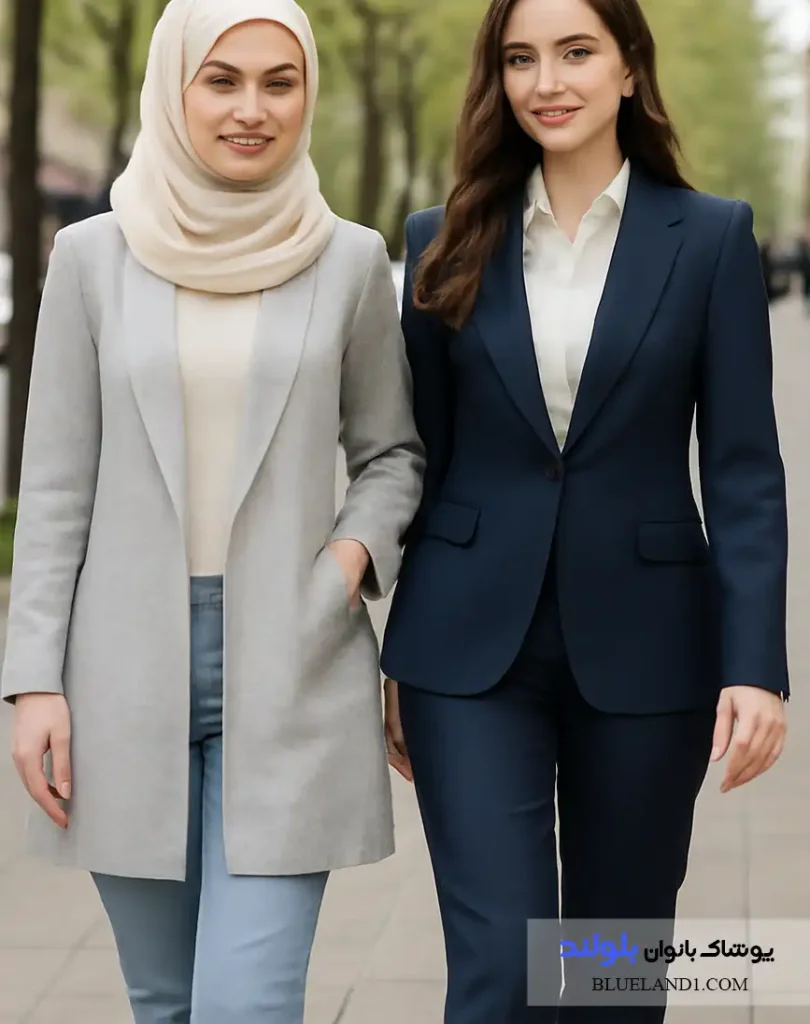 Create image تصویر دو دختر زیبا یکی با استایل گژوال روزاه و یکی با کت و شلوار اداری در محیط خیابانی و فصب بهار