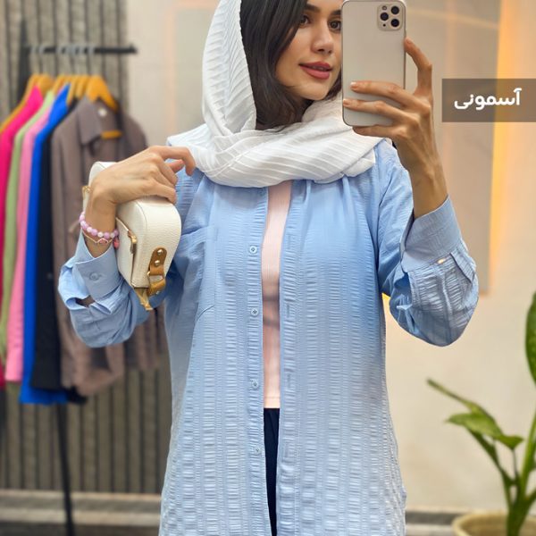 مانتو شومیزی دخترانه رنگ آسمونی جنس لینن کنفی