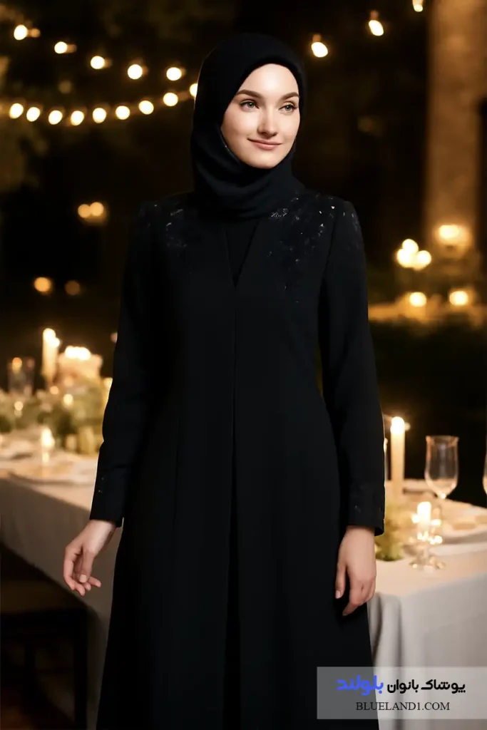 خانم با استایل مجلسی در سالن جشن با نور طلایی و زمینه گل‌آرایی.مانتو عروسی زنانه، خرید مانتو خاص برای مهمانی، کت مجلسی دخترانه