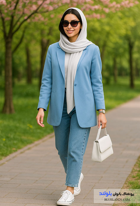 ست اسپرت دخترانه با کت آسمانی
شلوار جین: آبی روشن راسته یا مام‌فیتشال: سفید یا طوسی نخی سادهکفش: کتانی سفید کلاسیک (مثل کانورس یا ونس)کیف: بگ سفید یا طوسیاکسسوری: ساعت اسپرت، انگشتر ساده، عینک آفتابی