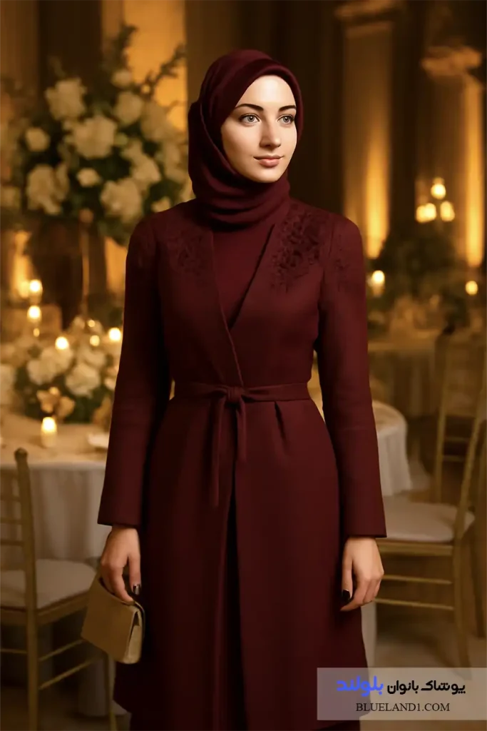 مانتو عروسی زنانه، خرید مانتو خاص برای مهمانی، کت مجلسی دخترانه
خانم با استایل مجلسی در سالن جشن با نور طلایی و زمینه گل‌آرایی.