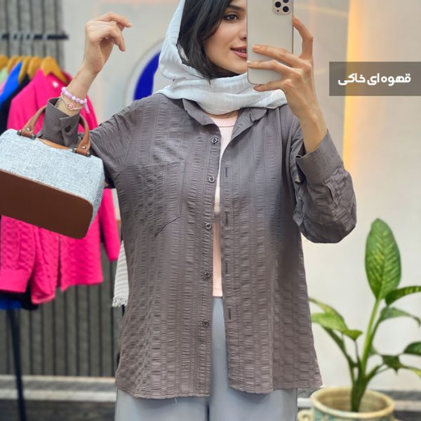 شومیز مانتویی زنانه جنس لنین کنفی رنگ قهوه ای خاکی