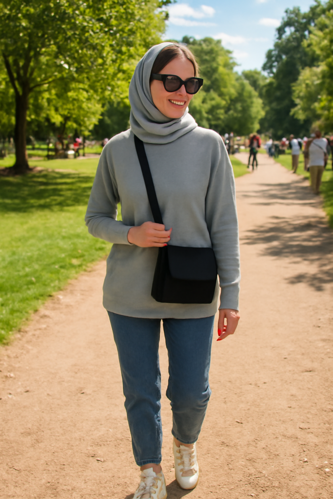 یک استایل کژوال یک ساعت مچی، یک کیف کراس‌بادی یا یک شال ساده 