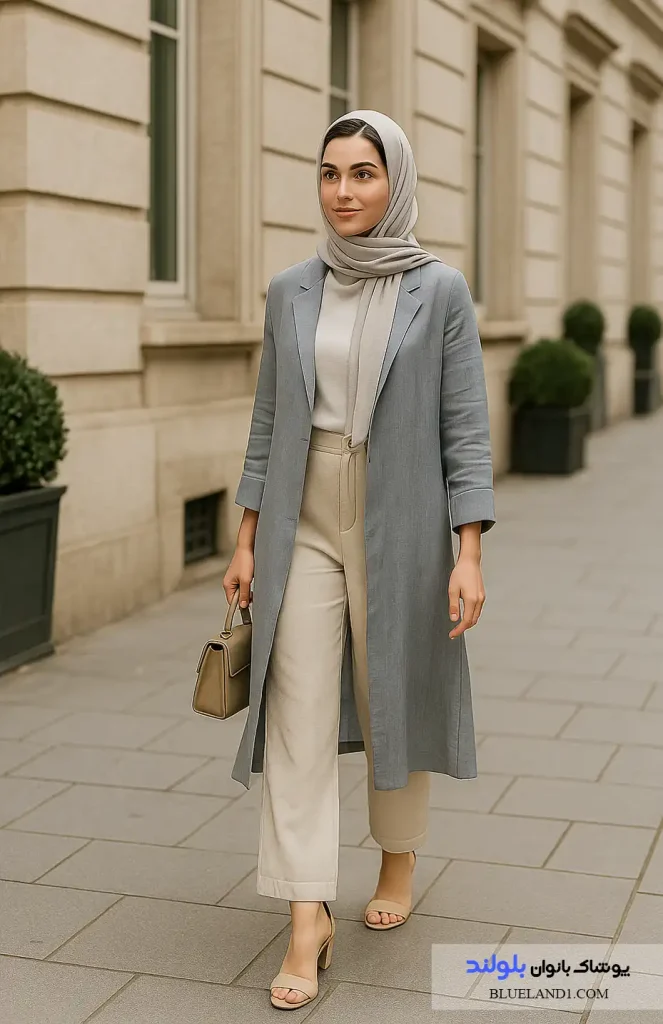 استایل رسمی روزمره با مانتوی طوسی جلو باز و شلوار کرم پارچه‌ای