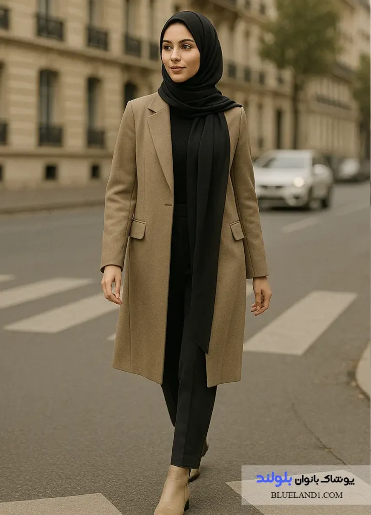 استایل مانتویی با کت مازراتی بلند زنانه و شال حریر ساده برای استفاده روزمره.
