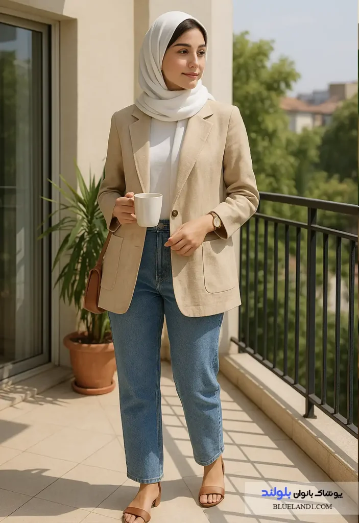استایل تابستانی با کت نخودی و شلوار جین برای خانم‌های ایرانی با پوست گندمی