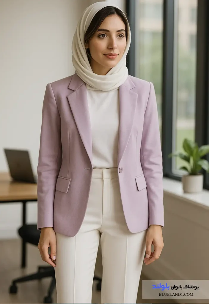 استایل رسمی تابستانی برای خانم‌های شاغل با کت یاسی و شلوار سفید