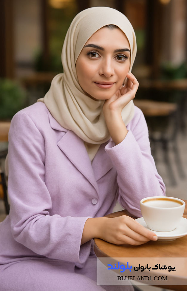 ست مانتو یاسی با شال کرمی برای استایل روزمره