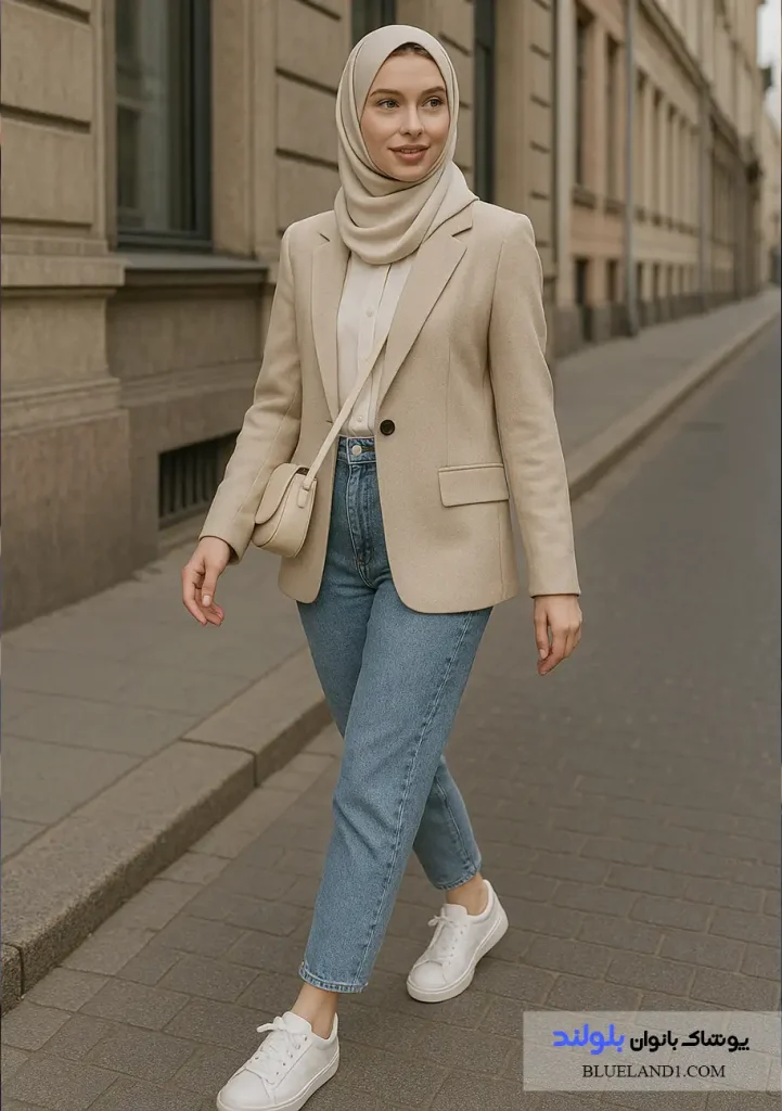 استایل نیمه‌رسمی زنانه با کت مازراتی برای جلسات کاری روزمره.