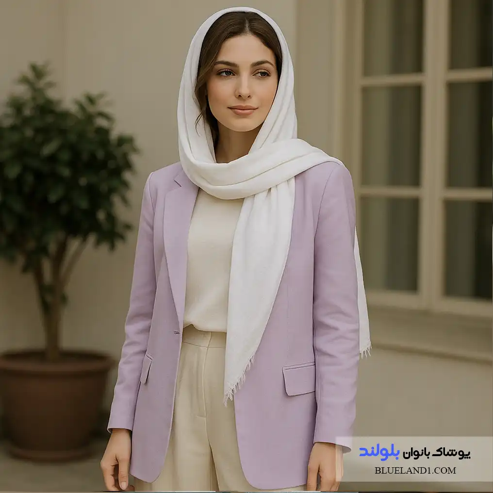 شال نخی روشن در کنار کت یاسی برای استایل تابستانی خنک