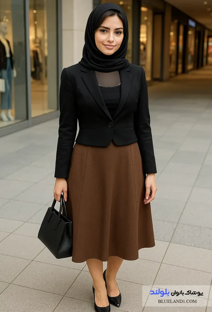  استایل نیمه‌رسمی با کت کوتاه و دامن فون