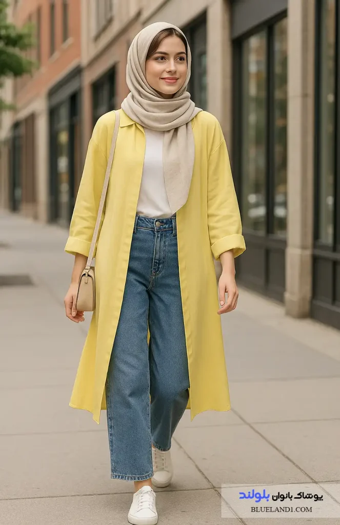 استایل دخترانه کژوال تابستانی با مانتوی زرد لیمویی جلو باز و شلوار جین گشاد