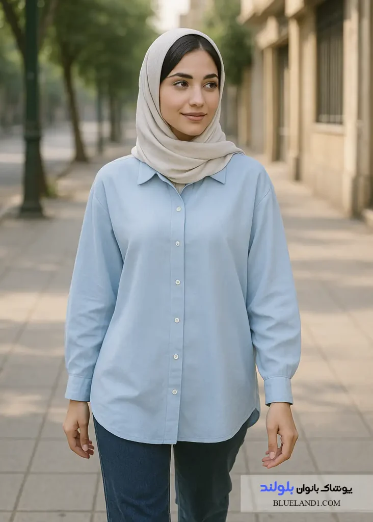 شومیز مانتویی آبی یخی در استایل روزمره تابستانی