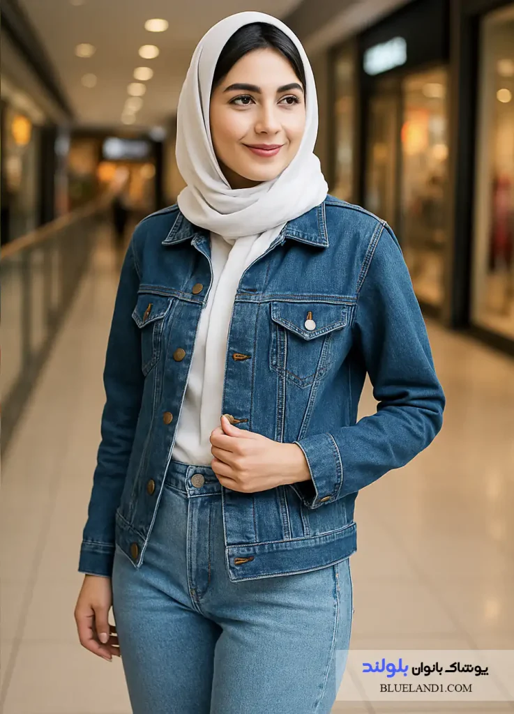 ست کت جین آبی تیره با شلوار جین آبی روشن در پاساژ