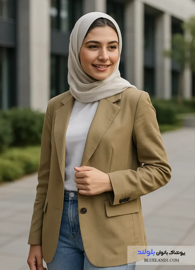 کت اسپرت خاکی با شلوار جین آبی روشن در محیط کاری