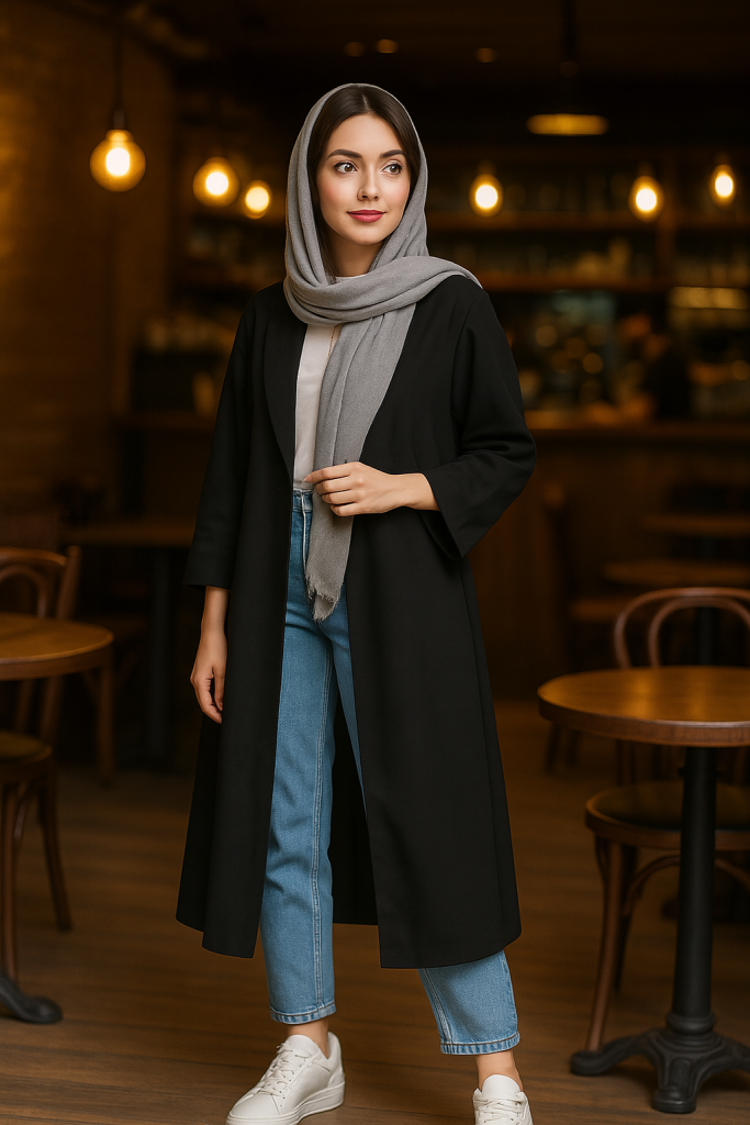 ست شلوار جین آبی روشن با مانتو مشکی و شال طوسی در محیط کافه