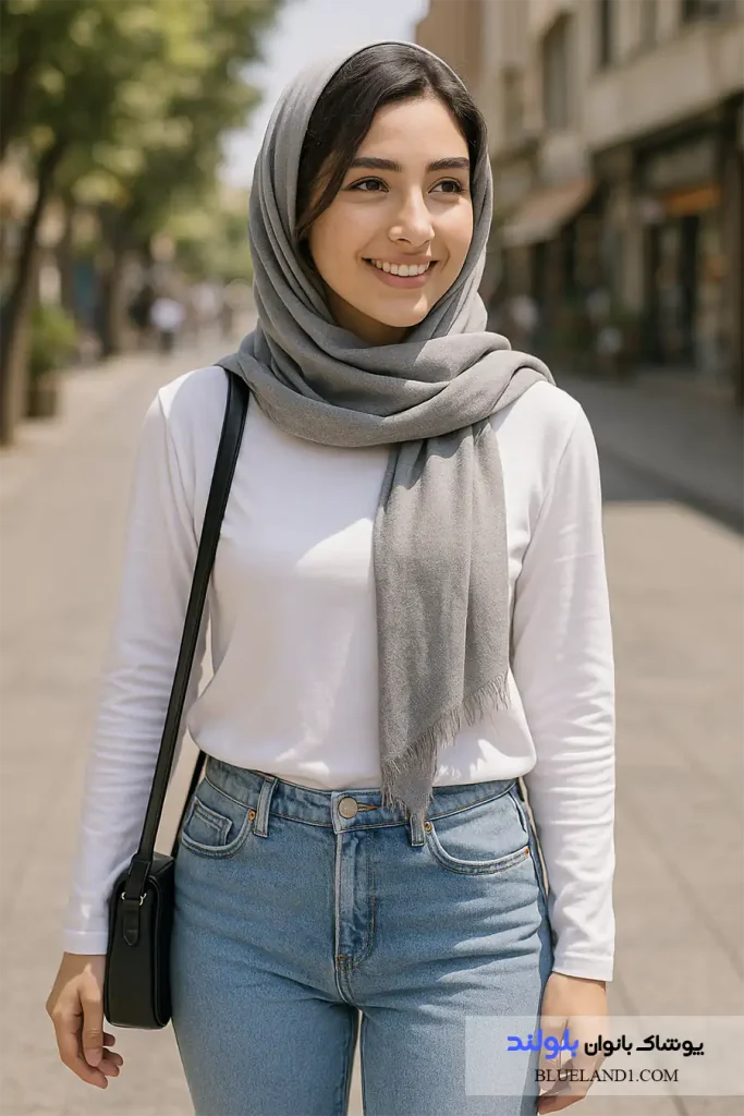 مدل ایرانی با کت جین آبی تیره، شلوار جین آبی روشن و شال سفید، ایستاده در پاساژ مدرن با نورپردازی فروشگاهی
