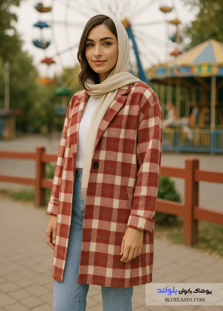 مانتو چهارخانه با شلوار جین آبی روشن در محیط شهربازی