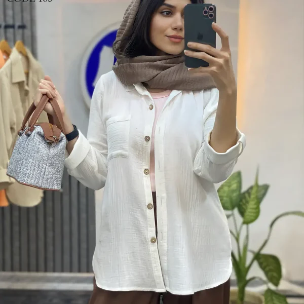 خرید شومیز مانتویی زنانه جنس لینن دبل فیس رنگ سفید