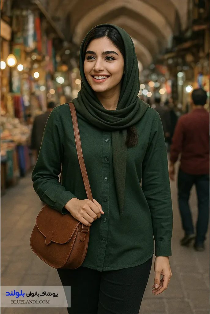  استایل زنانه پاییزی با شومیز سبز تیره و کیف چرمی قهوه‌ای در بازار تهران.