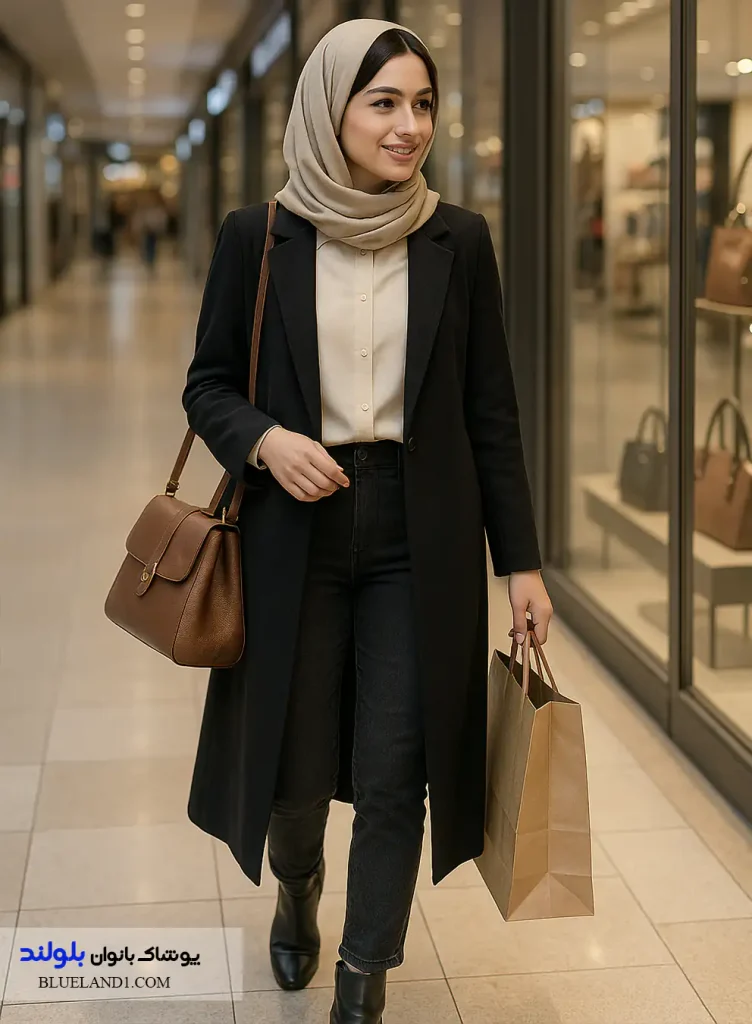 استایل پاییزی زنانه با شومیز کرمی، مانتوی مشکی، کیف قهوه‌ای و نیم‌بوت در پاساژ تهران