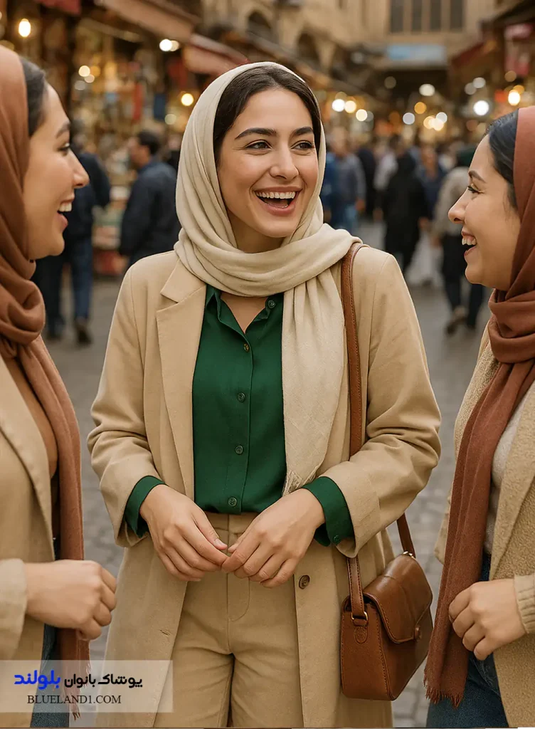 "ست پاییزی شومیز سبز یشمی با مانتوی کرم و کیف قهوه‌ای در بازار تهران"