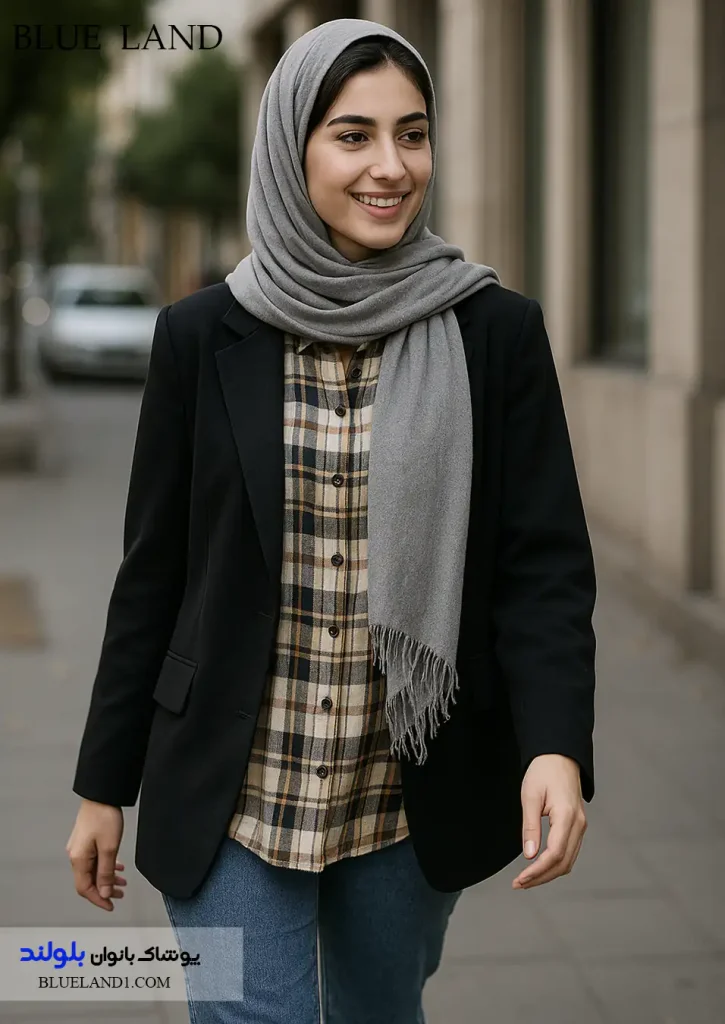ست پاییزی کت مشکی با شومیز چهارخانه دخترانه