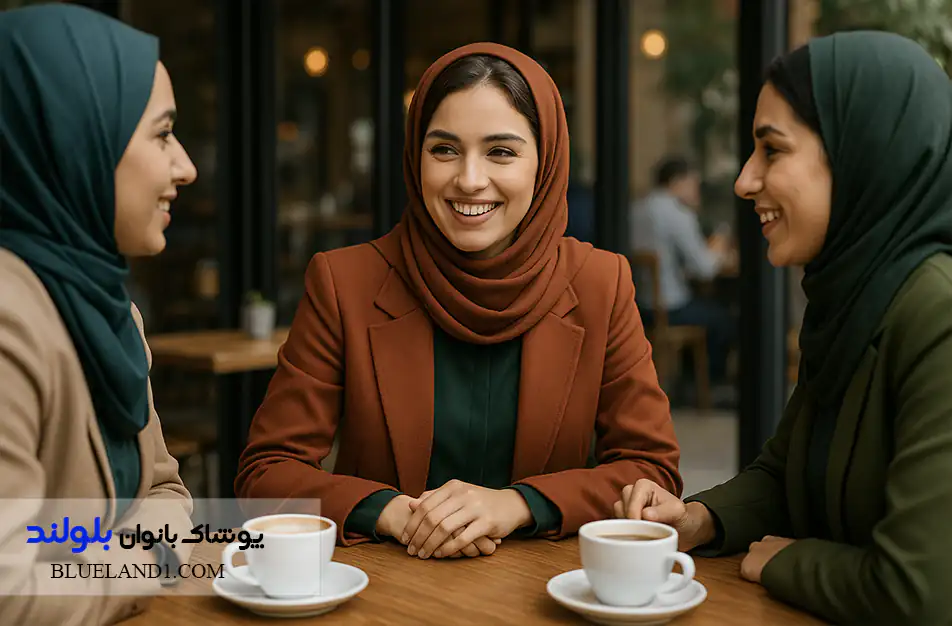 استایل پاییزی زنانه با کت آجری، شومیز سبز تیره و شلوار قهوه‌ای در کافه تهران.