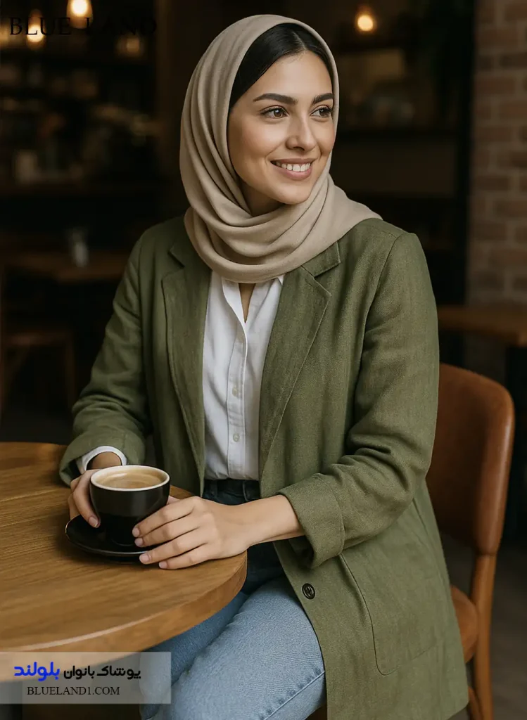 مانتوی لینن زنانه سبز زیتونی پاییز 1404 در کافه