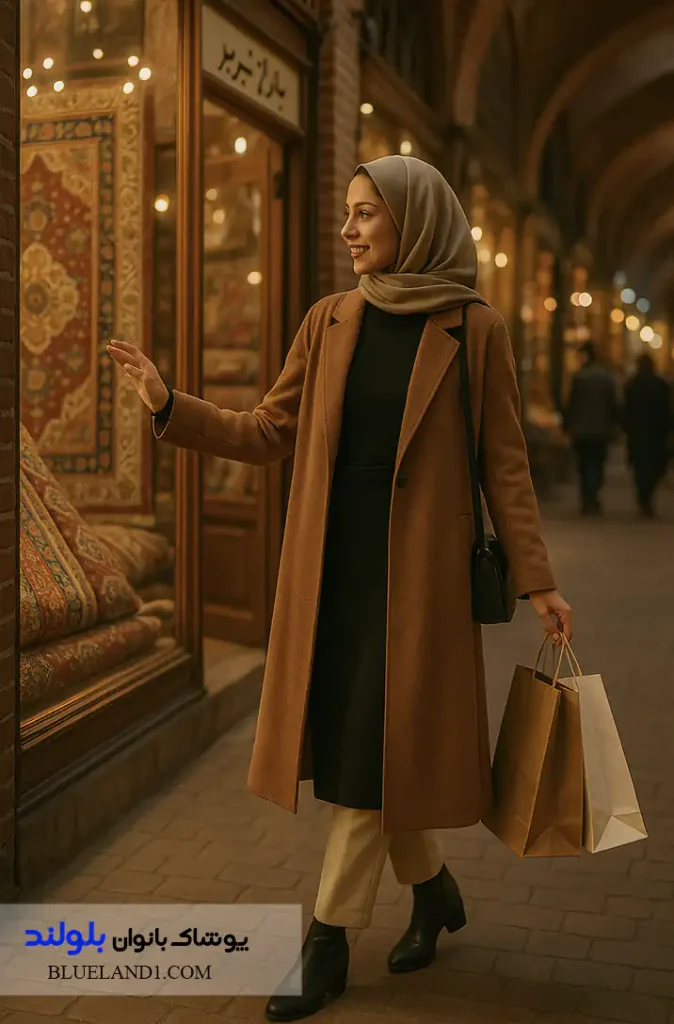 خانمی با پالتو رنگ شتری بلند در حال خرید در بازار تبریز