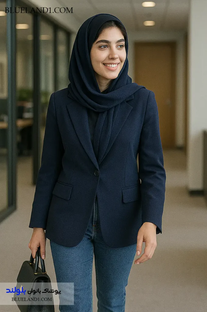  کت سرمه‌ای پاییزی زنانه مناسب محیط کار.