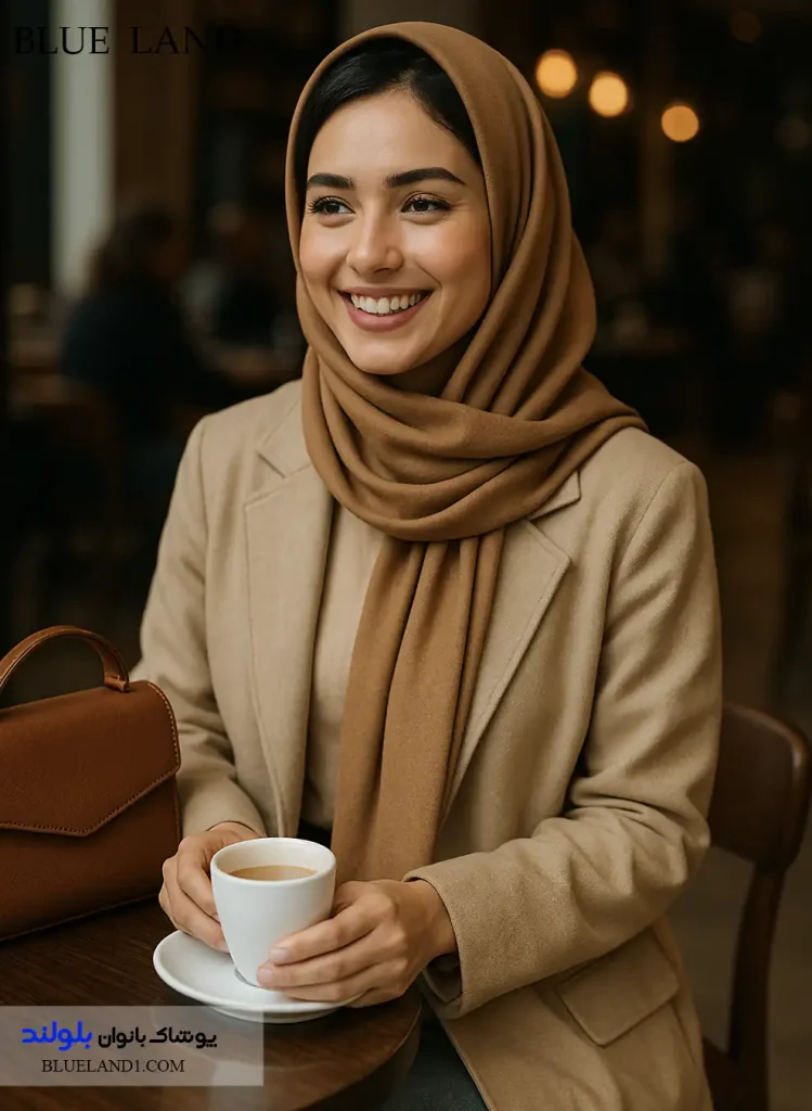  استایل مونوکروم پاییز 1404 با مانتو و شال هم‌رنگ
