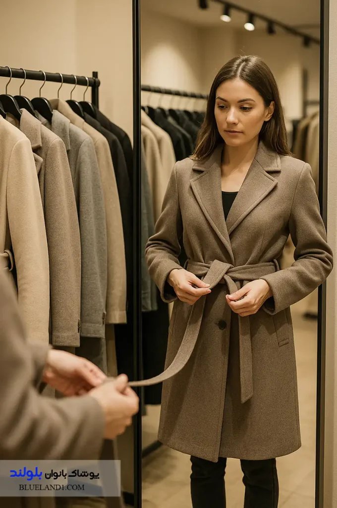 woman try on belted coat mirror store