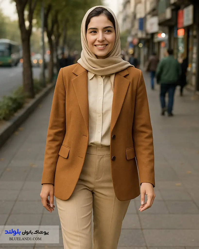 کت زنانه قهوه‌ای روشن با شلوار بژ برای استایل روزمره پاییزی در خیابان ولیعصر.