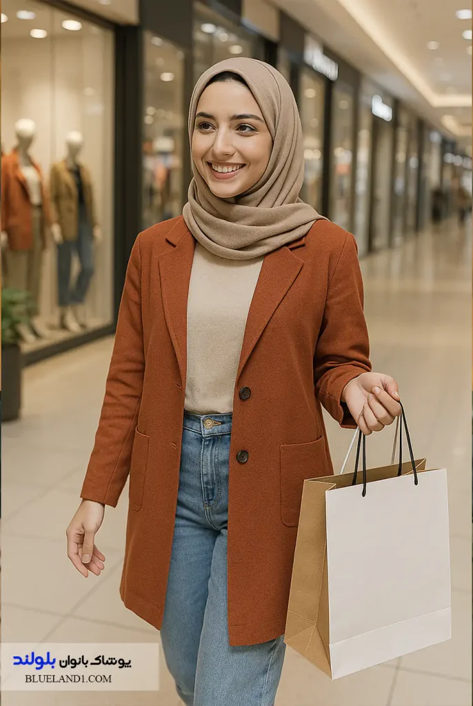 مانتو آجری دخترانه پاییزی با شلوار جین در پاساژ تهران.
