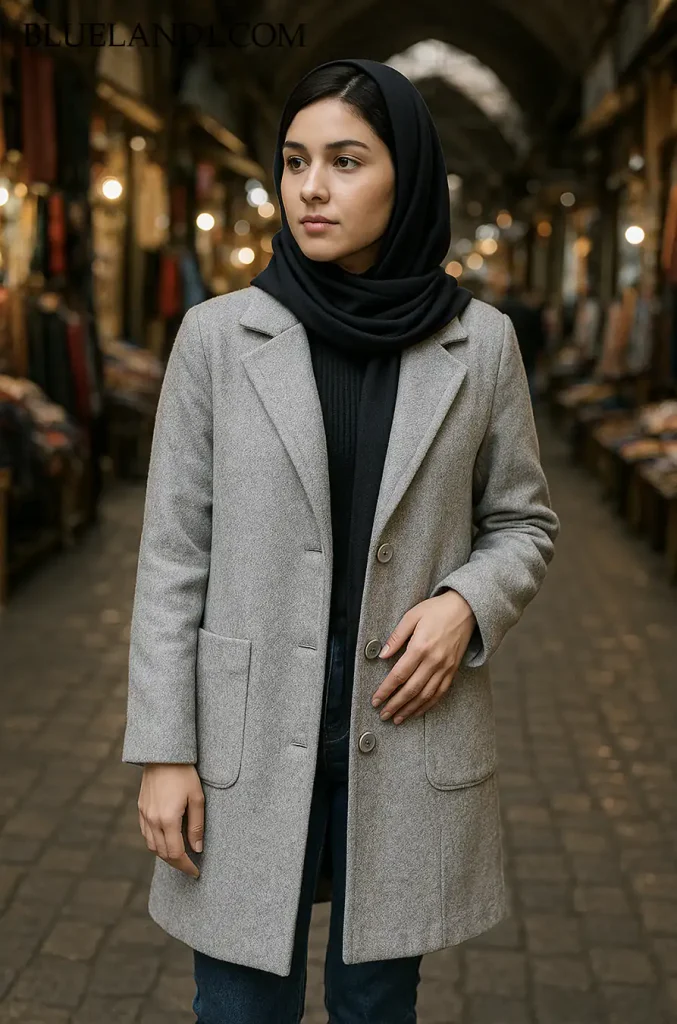 مانتو طوسی پاییزی دخترانه مناسب خرید روزانه.