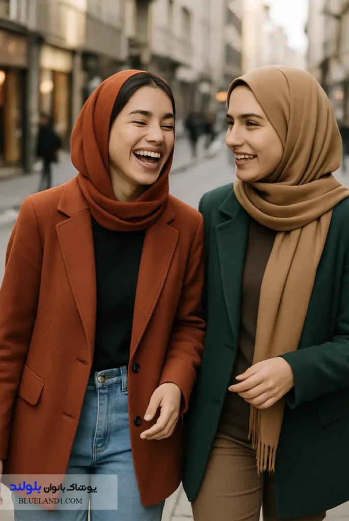 کت آجری دخترانه پاییزی با شلوار جین روشن در خیابان تهران.
