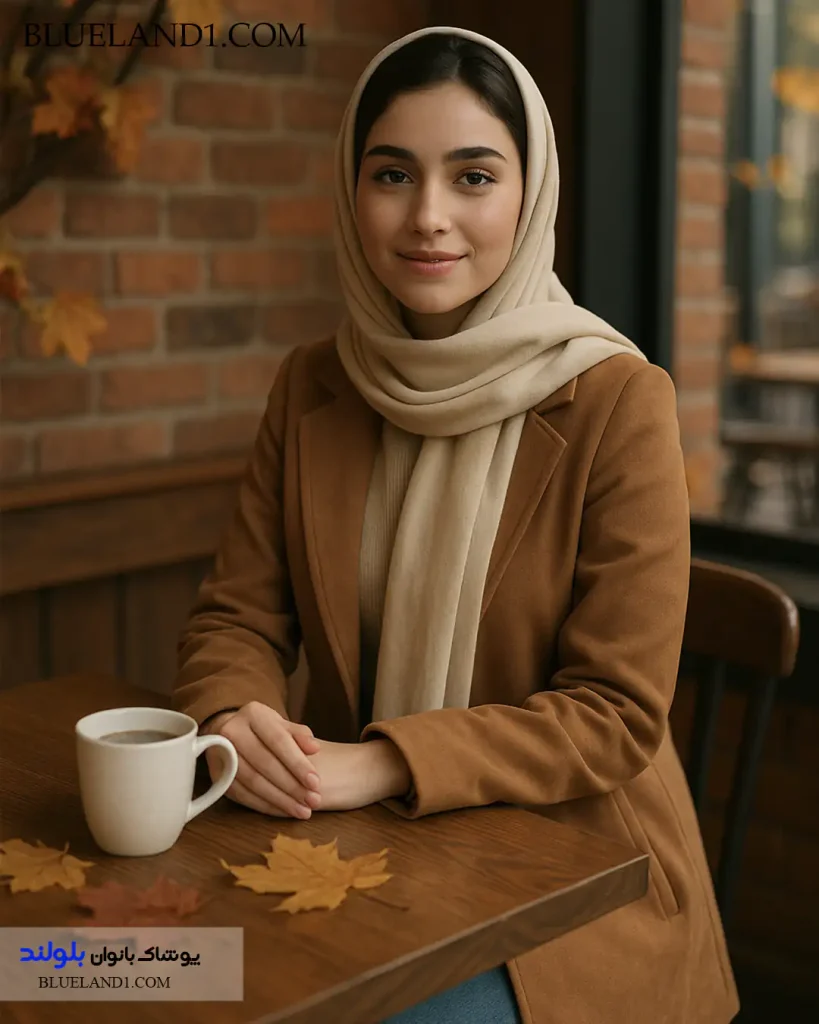 مانتو پاییزی قهوه‌ای زنانه در کافه با شال کرم – استایل پاییز دخترانه